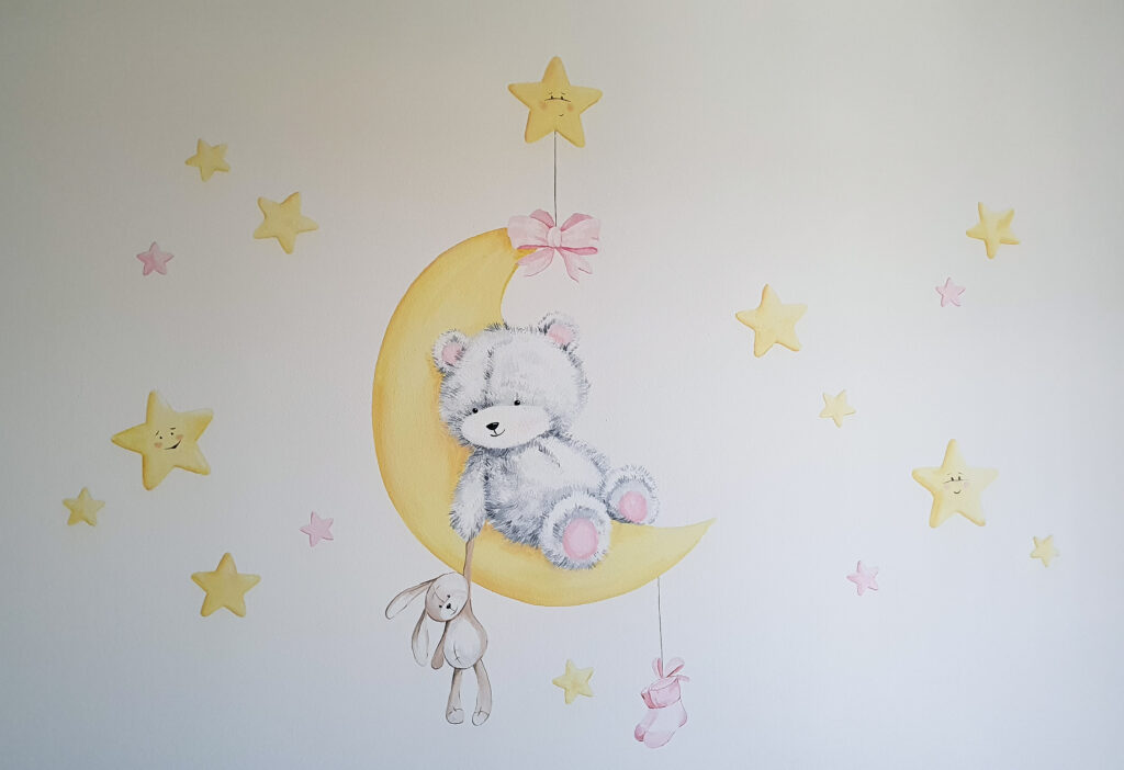 cameretta arredamento decorazione parete dipinto orsetto luna stelle bambina